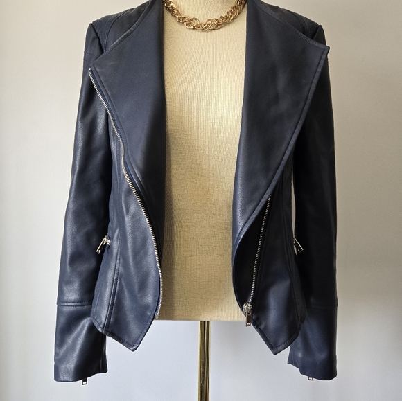 WILLI SMITH Navy Faux Leather Fitted Moto Jacket. Size Small - Picture 11 of 16